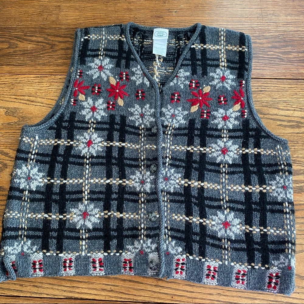 Laura Ashley Wool Sweater Christmas Holiday Vest Gray Poinsettia Snowflake Sz XL